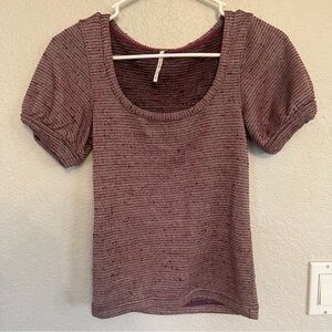 Free People Burgandy Gold Metallic Knit‎ Scoop Neck Puff Sleeve Sz XS